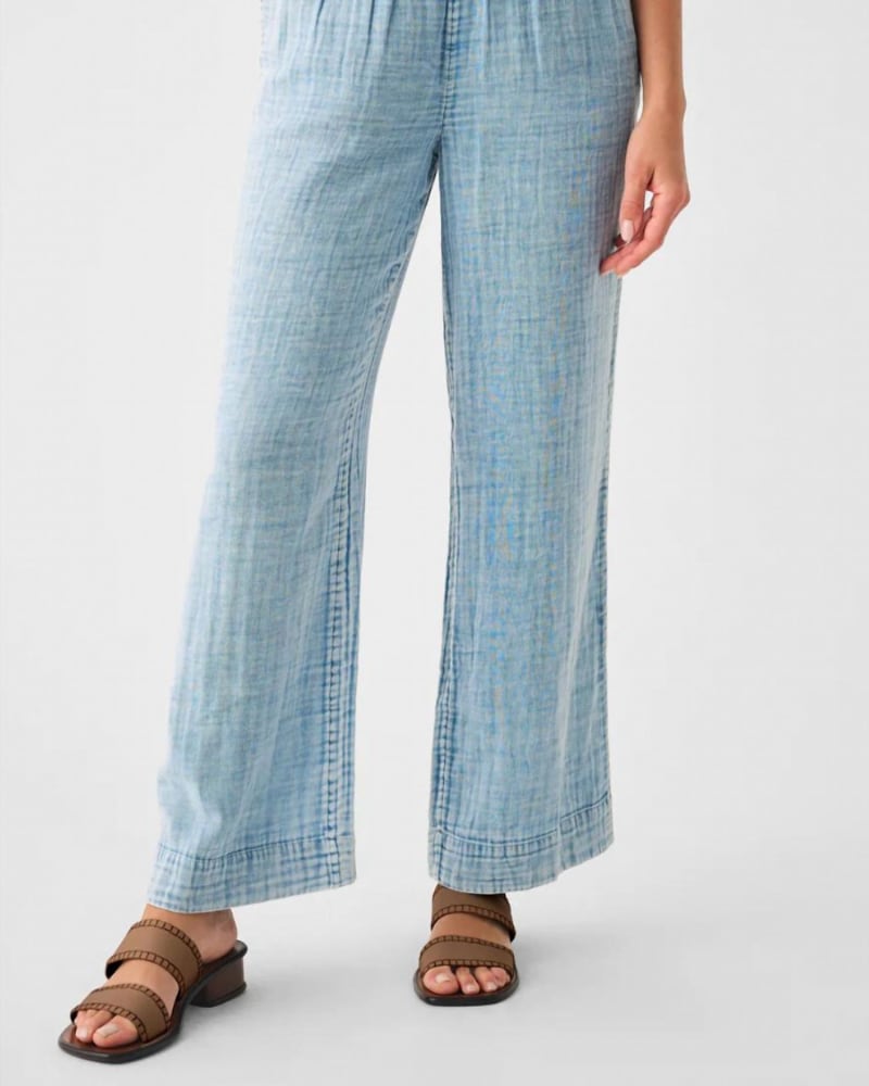 Front of a model wearing a size Large Dream Cotton Gauze Wide Leg Pant in Light Indigo Wash in Light Indigo Wash by Faherty. | dia_product_style_image_id:338098
